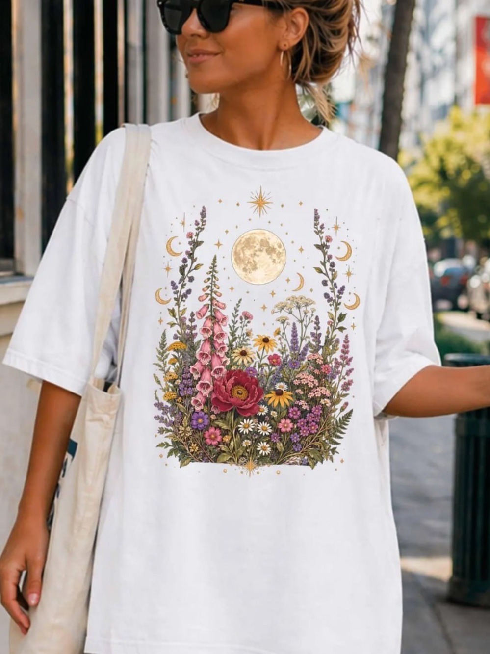 White Floral Moon Graphic Tee - Women